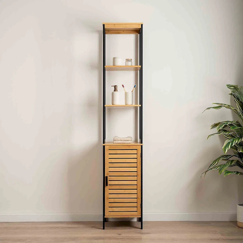 Natural Slim Storage Cabinet with Shelves, Modern Black Frame - 13.4 L x 12 W x 68 H