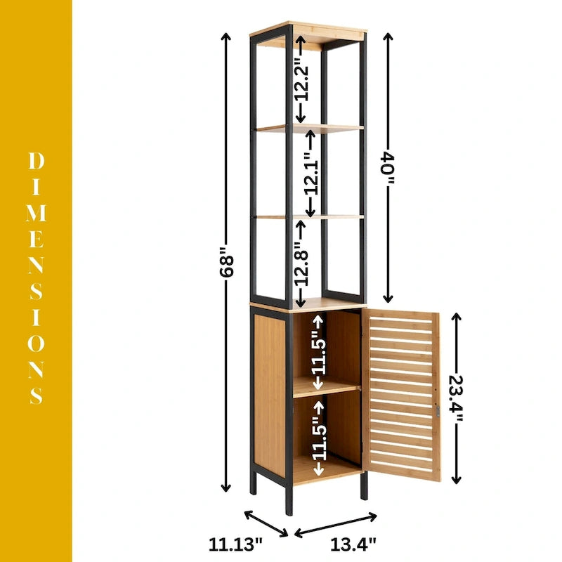 Natural Slim Storage Cabinet with Shelves, Modern Black Frame - 13.4 L x 12 W x 68 H