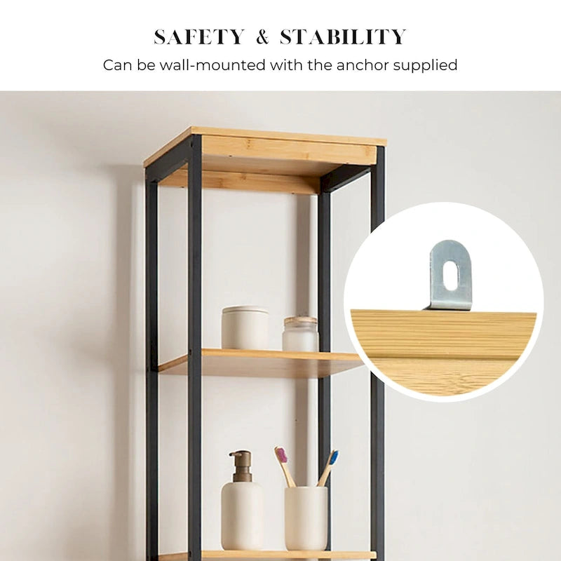 Natural Slim Storage Cabinet with Shelves, Modern Black Frame - 13.4 L x 12 W x 68 H