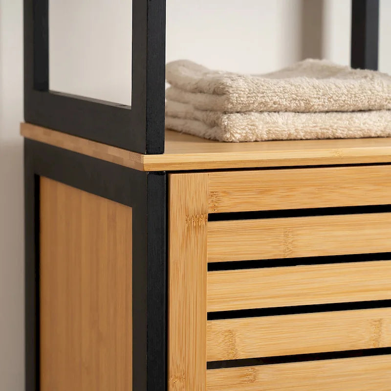 Natural Slim Storage Cabinet with Shelves, Modern Black Frame - 13.4 L x 12 W x 68 H