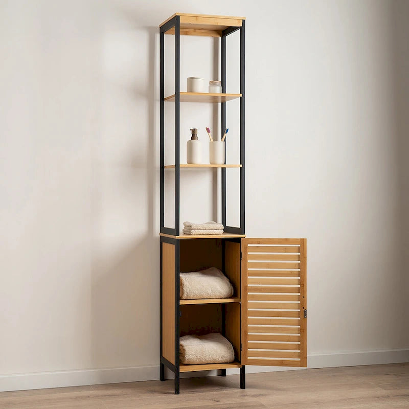 Natural Slim Storage Cabinet with Shelves, Modern Black Frame - 13.4 L x 12 W x 68 H