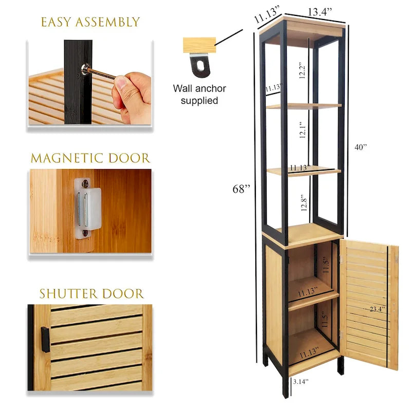 Natural Slim Storage Cabinet with Shelves, Modern Black Frame - 13.4 L x 12 W x 68 H