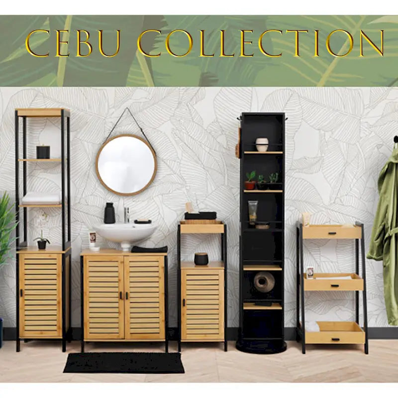 Natural Slim Storage Cabinet with Shelves, Modern Black Frame - 13.4 L x 12 W x 68 H