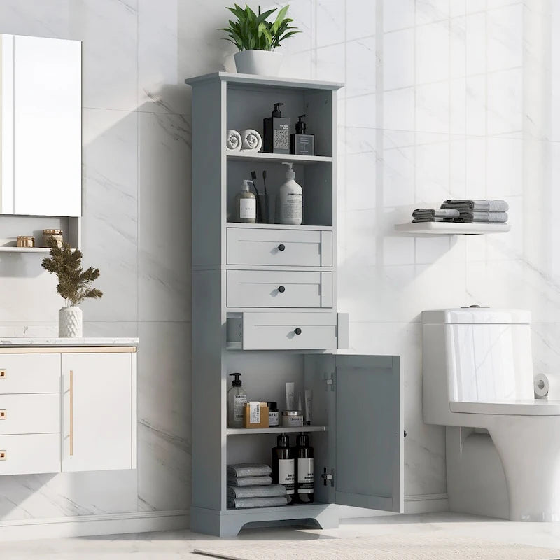68 Tall Storage Cabinet with 3 Drawers and Adjustable Shelves for Bathroom, Kitchen and Living Room