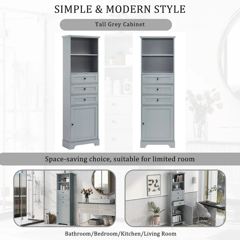 68 Tall Storage Cabinet with 3 Drawers and Adjustable Shelves for Bathroom, Kitchen and Living Room