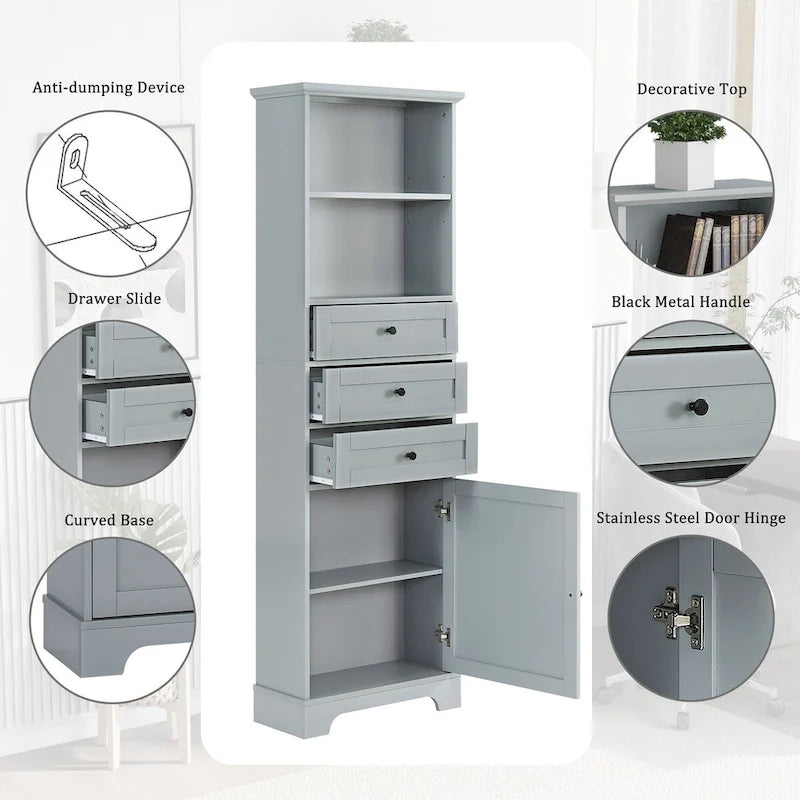 68 Tall Storage Cabinet with 3 Drawers and Adjustable Shelves for Bathroom, Kitchen and Living Room