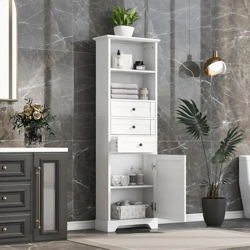 68 Tall Storage Cabinet with 3 Drawers and Adjustable Shelves for Bathroom, Kitchen and Living Room
