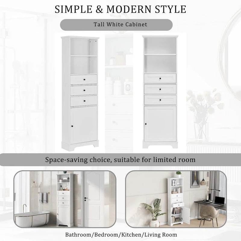 68 Tall Storage Cabinet with 3 Drawers and Adjustable Shelves for Bathroom, Kitchen and Living Room