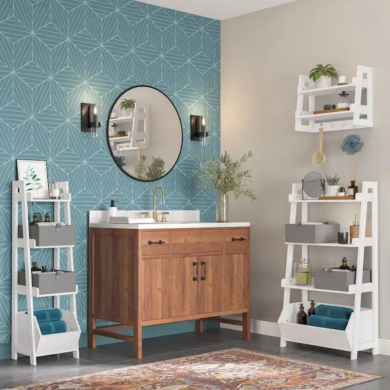 RiverRidge Amery 4-Tier 24in Ladder Shelf with Display Shelf and Storage Organizer Bin - White with 2 10  Floating Bookshelves