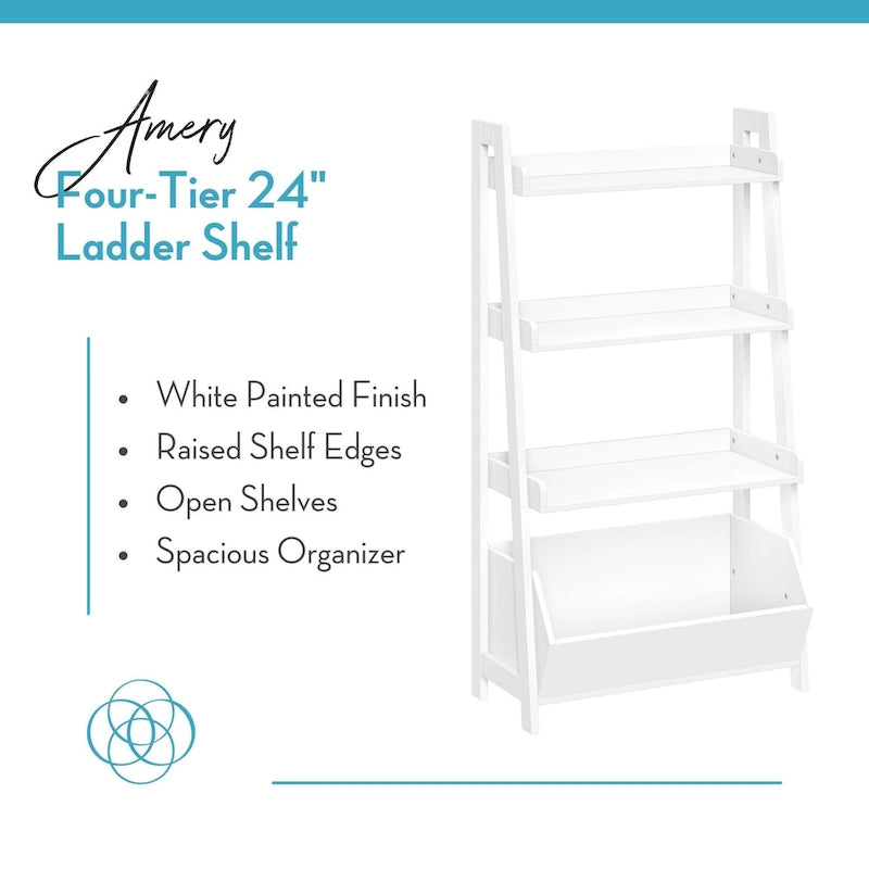 RiverRidge Amery 4-Tier 24in Ladder Shelf with Display Shelf and Storage Organizer Bin - White with 2 10  Floating Bookshelves