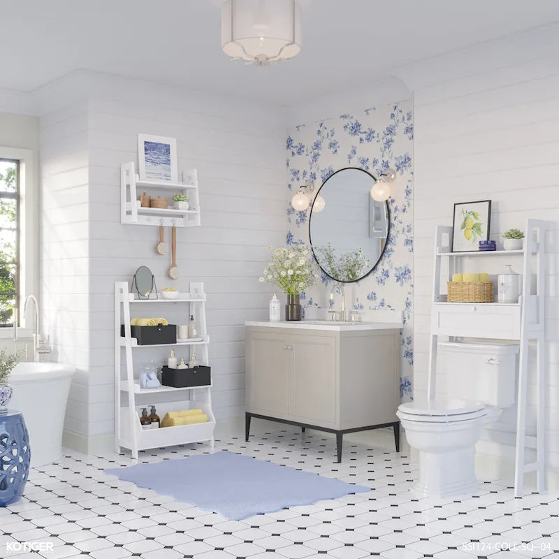 RiverRidge Amery 4-Tier 24in Ladder Shelf with Display Shelf and Storage Organizer Bin - White with 2 10  Floating Bookshelves