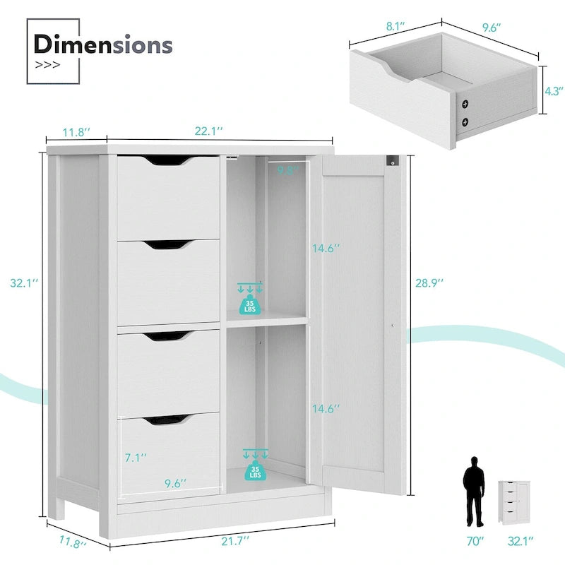 Futzca Bathroom Floor Storage Cabinet, Freestanding Pantry Cabinet with 4 Drawers and 1 Door