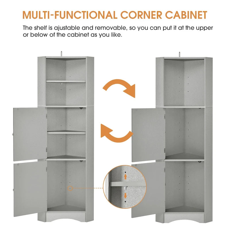 Tall Freestanding Bathroom Corner Cabinet with Doors and Adjustable Shelves