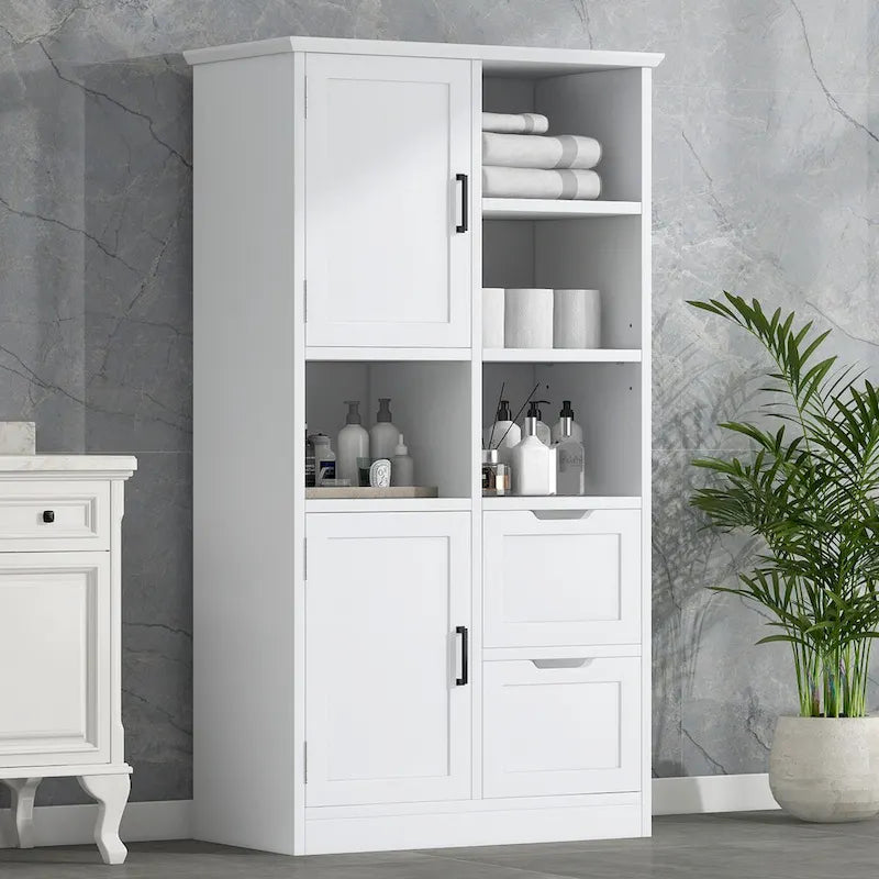 Bathroom Storage Cabinet with Doors and Drawers,Multiple Storage Space, Freestanding Style,Open Shelve,Adjustable Shelf,White
