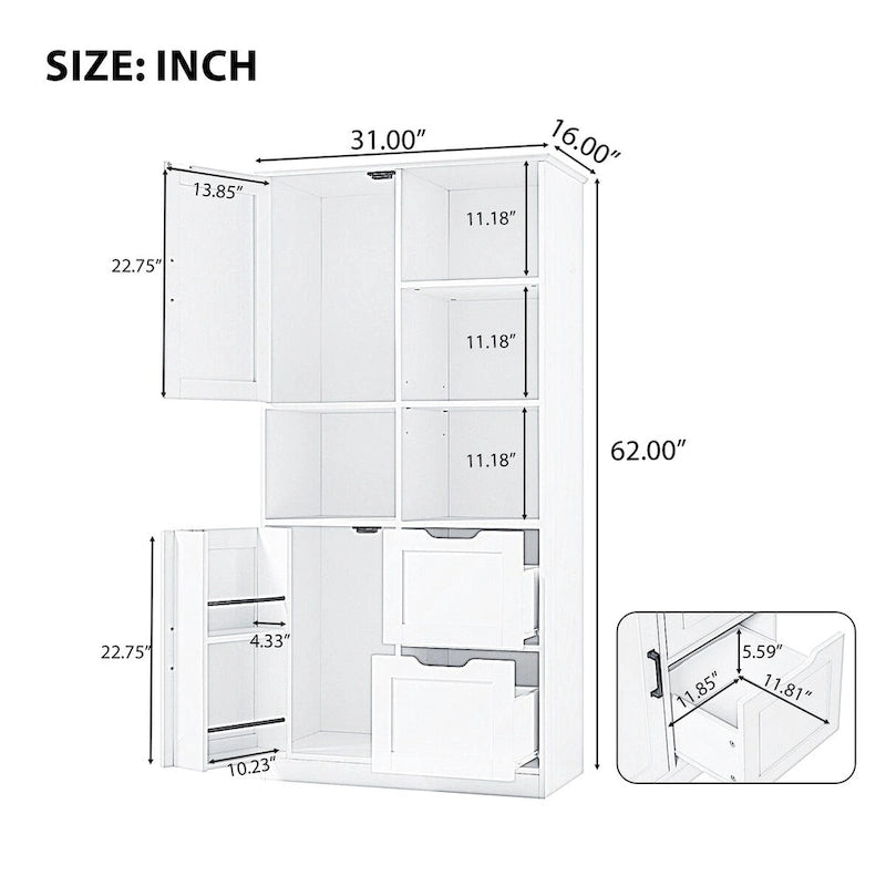 Bathroom Storage Cabinet with Doors and Drawers,Multiple Storage Space, Freestanding Style,Open Shelve,Adjustable Shelf,White