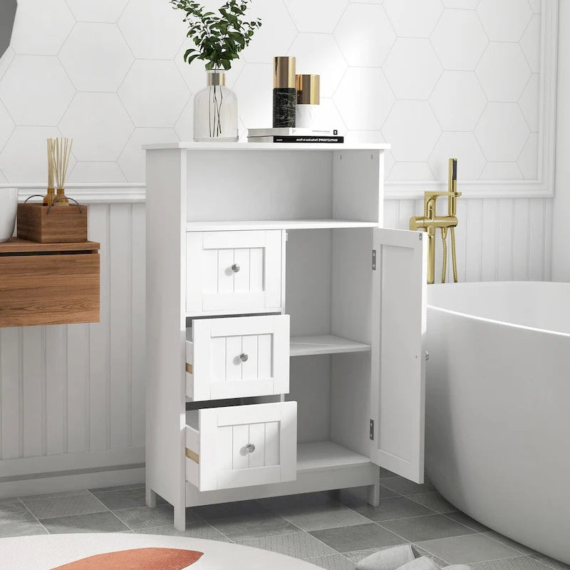 Standing bathroom storage cabinet with 3 drawers and 1 door
