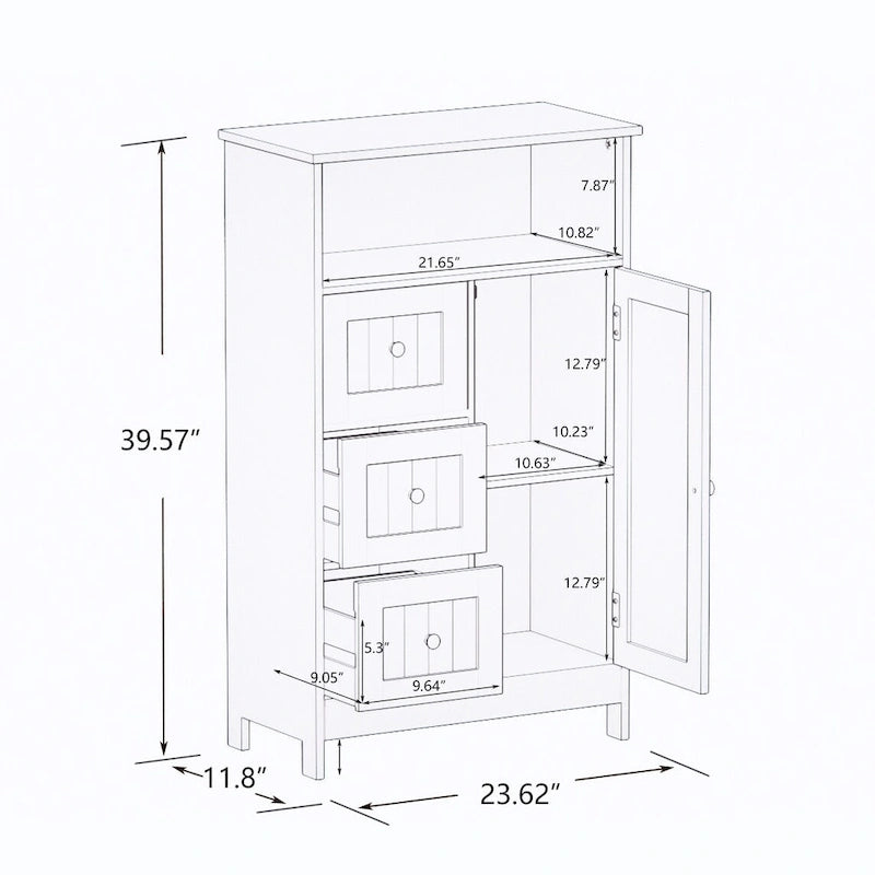 Standing bathroom storage cabinet with 3 drawers and 1 door