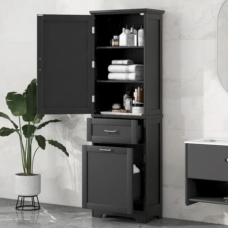 68 Tall Bathroom Storage Cabinet, Freestanding Storage Cabinet with Two Different Size Drawers and Adjustable Shelf, MDF Board