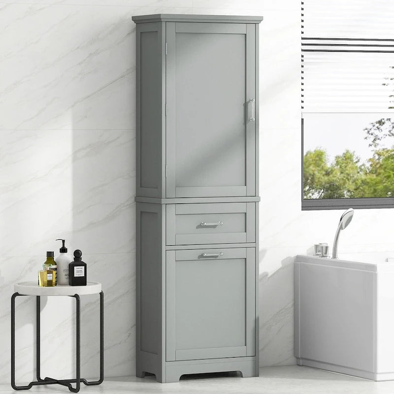 68 Tall Bathroom Storage Cabinet, Freestanding Storage Cabinet with Two Different Size Drawers and Adjustable Shelf, MDF Board
