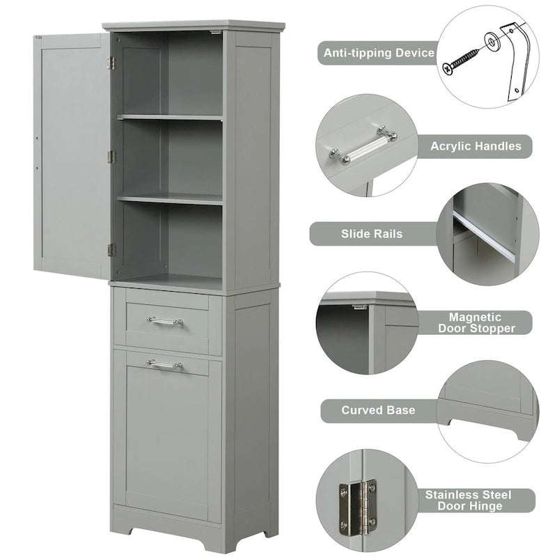 68 Tall Bathroom Storage Cabinet, Freestanding Storage Cabinet with Two Different Size Drawers and Adjustable Shelf, MDF Board