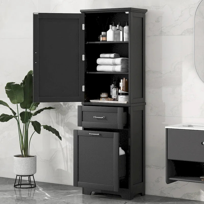 68 Tall Bathroom Storage Cabinet, Freestanding Storage Cabinet with Two Different Size Drawers and Adjustable Shelf, MDF Board