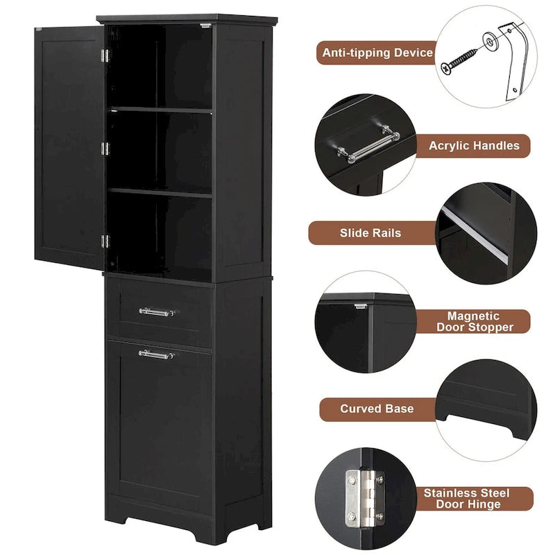 68 Tall Bathroom Storage Cabinet, Freestanding Storage Cabinet with Two Different Size Drawers and Adjustable Shelf, MDF Board