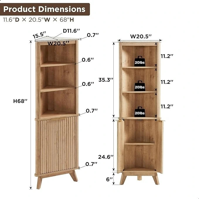 68  Modern Tall Corner Cabinet, Storage Cabinet with Faux Marble Top