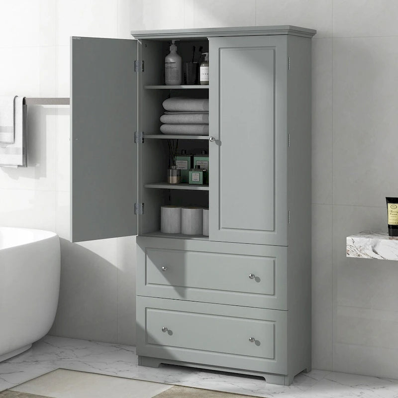Wide Bathroom Storage Cabinet Freestanding Storage Cabinet with Two Drawers and Adjustable Shelf MDF Board with Painted Finish