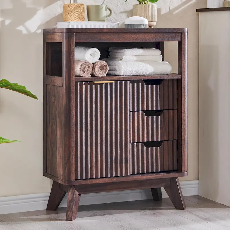 Modern Bathroom Floor Cabinet, Storage Organizer w/Faux Marble Top