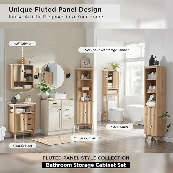 Modern Bathroom Floor Cabinet, Storage Organizer w/Faux Marble Top