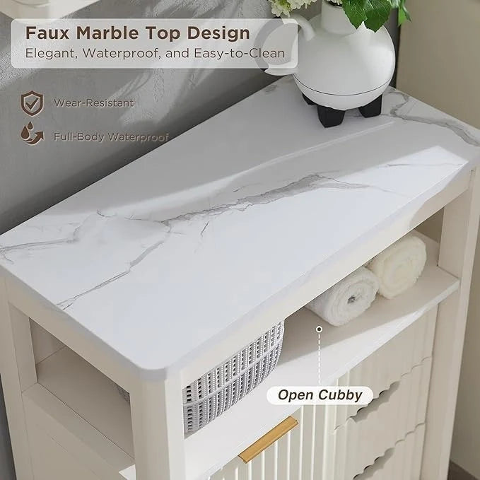 Modern Bathroom Floor Cabinet, Storage Organizer w/Faux Marble Top