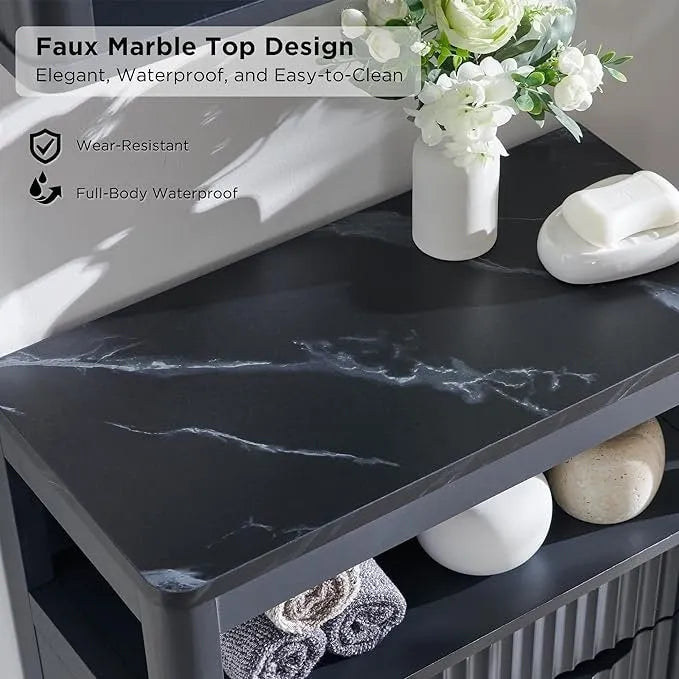 Modern Bathroom Floor Cabinet, Storage Organizer w/Faux Marble Top