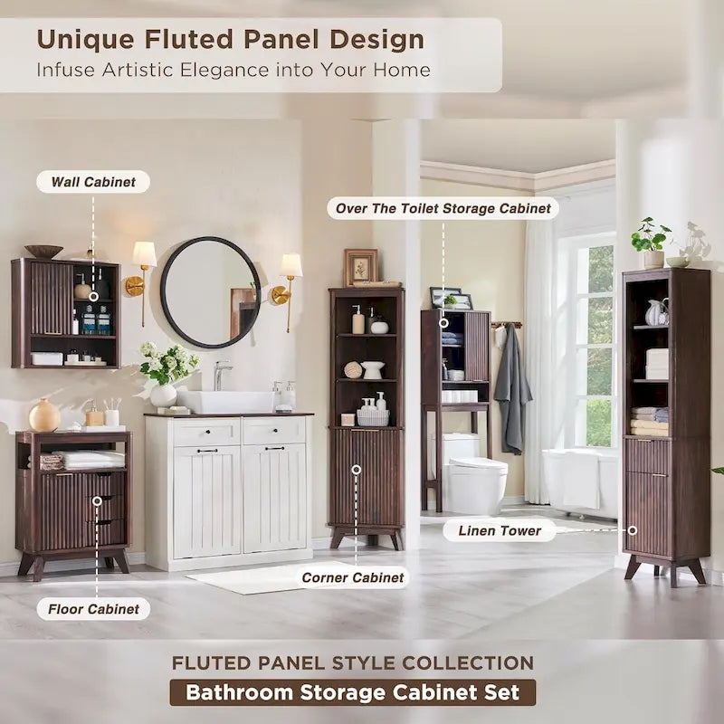 Modern Bathroom Floor Cabinet, Storage Organizer w/Faux Marble Top