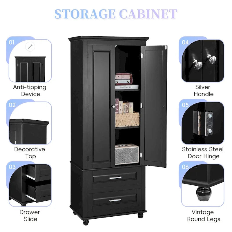 Tall Storage Cabinet with Two Drawers for Bathroom/Office, Black