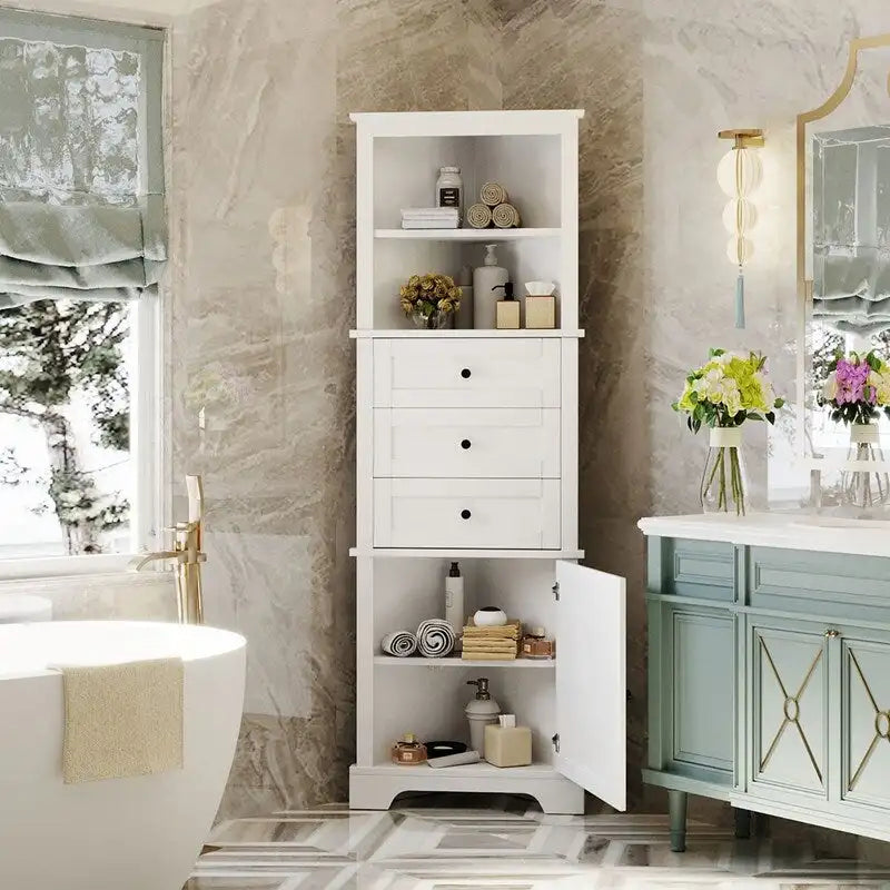 Triangle Tall Bathroom Cabinet with 3 Drawers and Adjustable Shelves