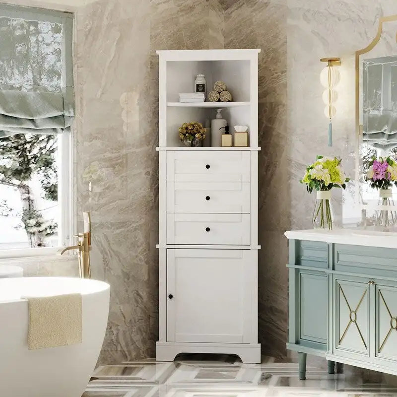 Triangle Tall Bathroom Cabinet with 3 Drawers and Adjustable Shelves