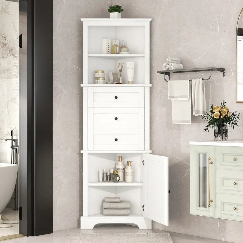 Triangle Tall Bathroom Cabinet with 3 Drawers and Adjustable Shelves
