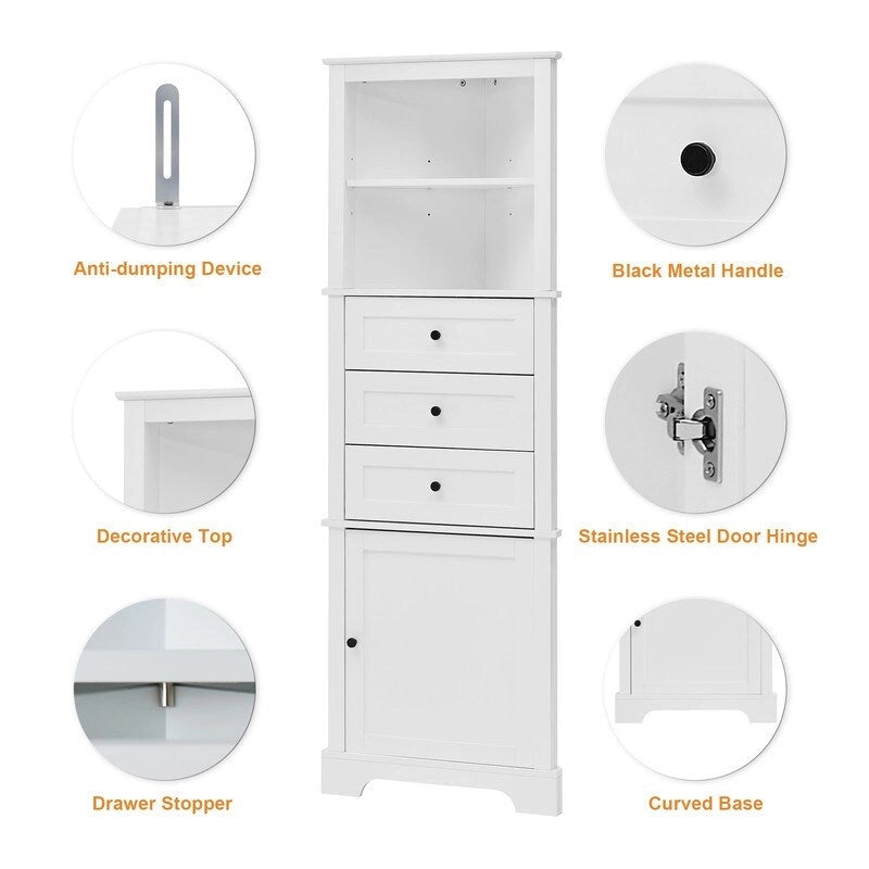 Triangle Tall Bathroom Cabinet with 3 Drawers and Adjustable Shelves