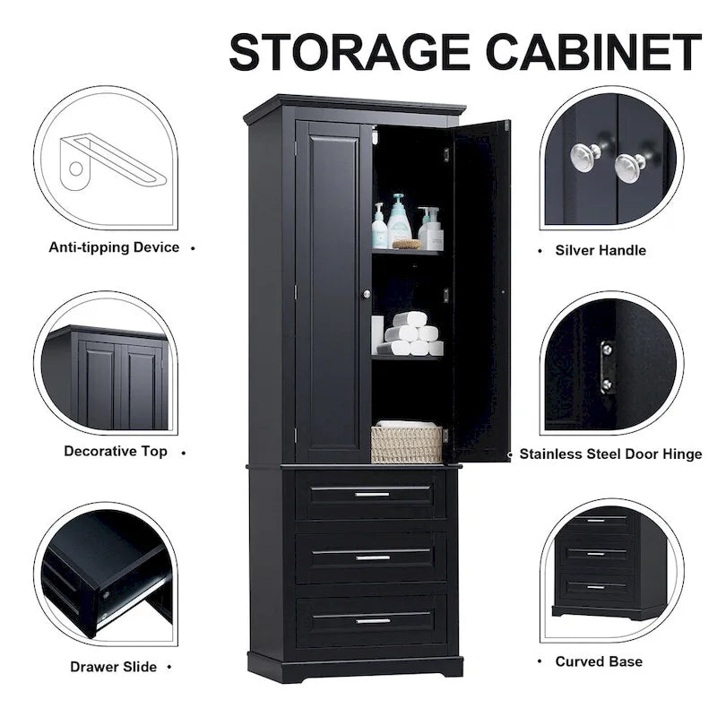 Tall Storage Cabinet with Three Drawers for Bathroom