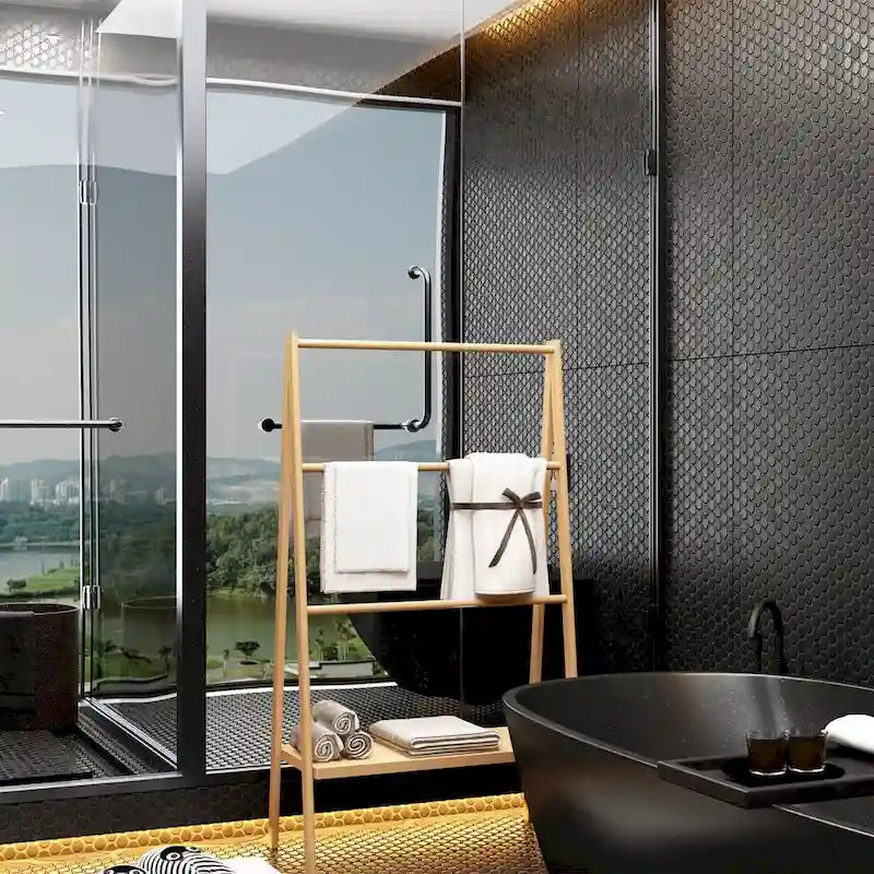 Bamboo Ladder Towel Rack with Storage Shelf