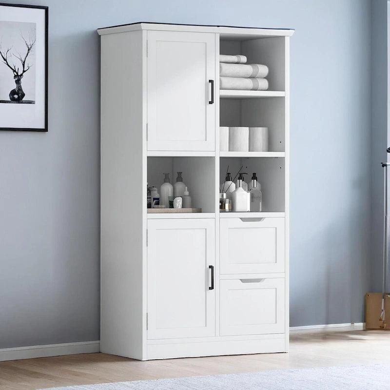 Bathroom Storage Cabinet with Doors and Drawers,Multiple Storage Space,Freestanding Style,Open Shelve, Adjustable Shelf, White