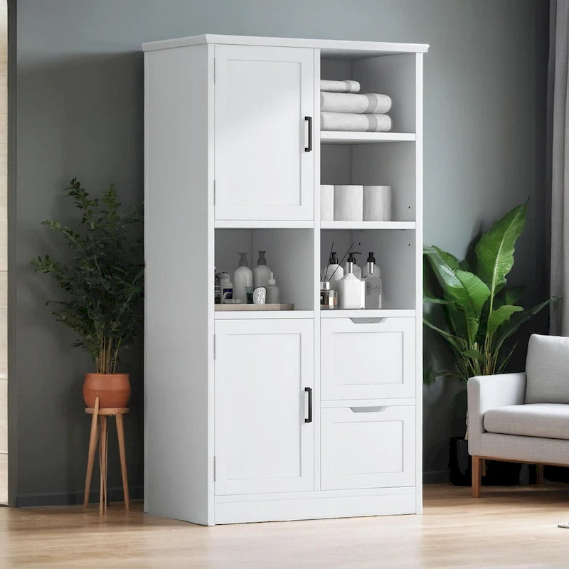 Bathroom Storage Cabinet with Doors and Drawers,Multiple Storage Space,Freestanding Style,Open Shelve, Adjustable Shelf, White