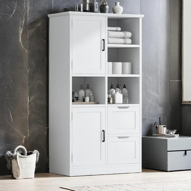 Bathroom Storage Cabinet with Doors and Drawers,Multiple Storage Space,Freestanding Style,Open Shelve, Adjustable Shelf, White
