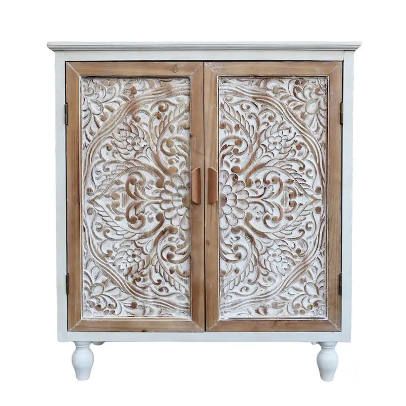 Vintage Free-Standing Buffet Cabinet with 2 Carved Doors,Brown and White, 34.5  H - 31.3 x 14.2 x 34.5 