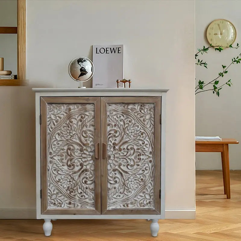 Vintage Free-Standing Buffet Cabinet with 2 Carved Doors,Brown and White, 34.5  H - 31.3 x 14.2 x 34.5