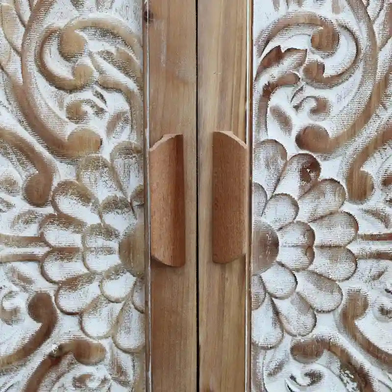 Vintage Free-Standing Buffet Cabinet with 2 Carved Doors,Brown and White, 34.5  H - 31.3 x 14.2 x 34.5