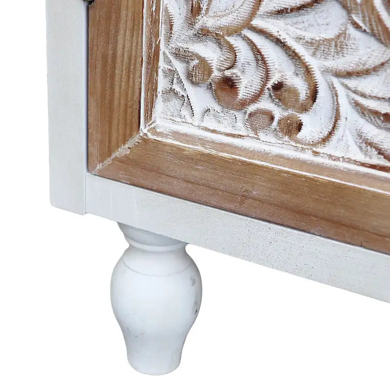 Vintage Free-Standing Buffet Cabinet with 2 Carved Doors,Brown and White, 34.5  H - 31.3 x 14.2 x 34.5