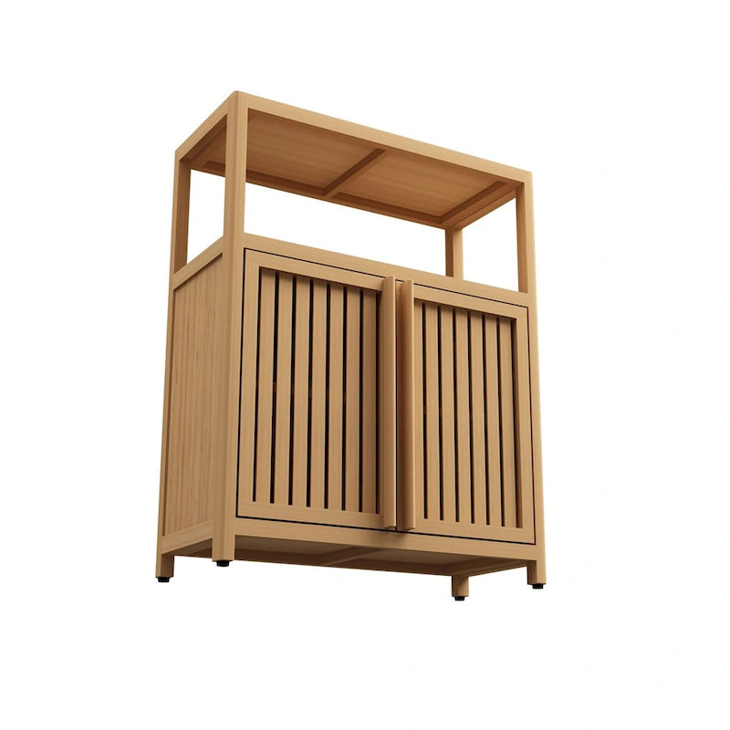 Freestanding Bathroom Linen Cabinet, Natural Bamboo Wood Cabinet with Flat Doors and Open Storage Shelf