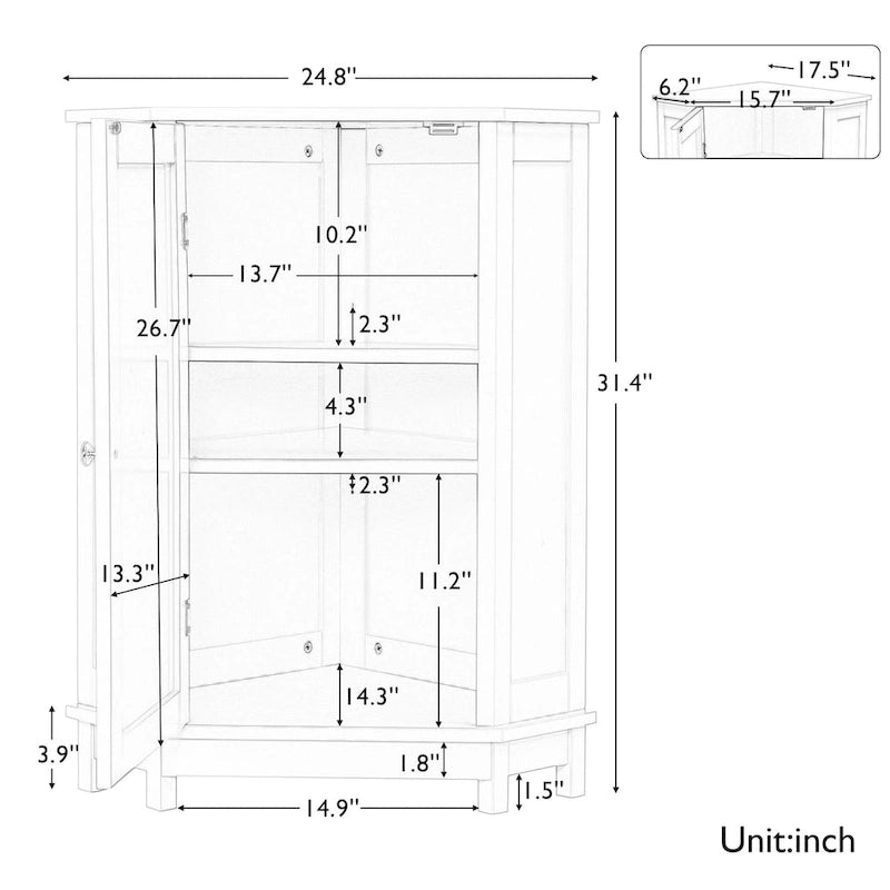 White Bathroom Cabinet Triangle Corner Storage Cabinet with Adjustable Shelf Modern Style MDF Board