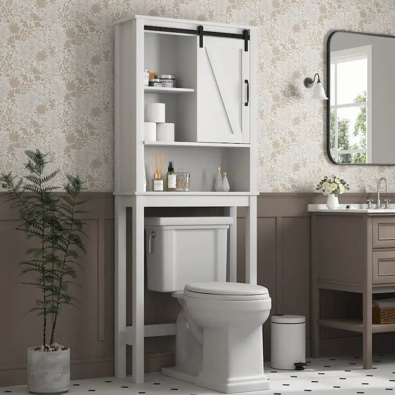 Over-the-Toilet Storage Cabinet, Space-Saving Bathroom Cabinet, with Adjustable Shelves and A Barn Door 27.16 x 9.06 x 67 inch